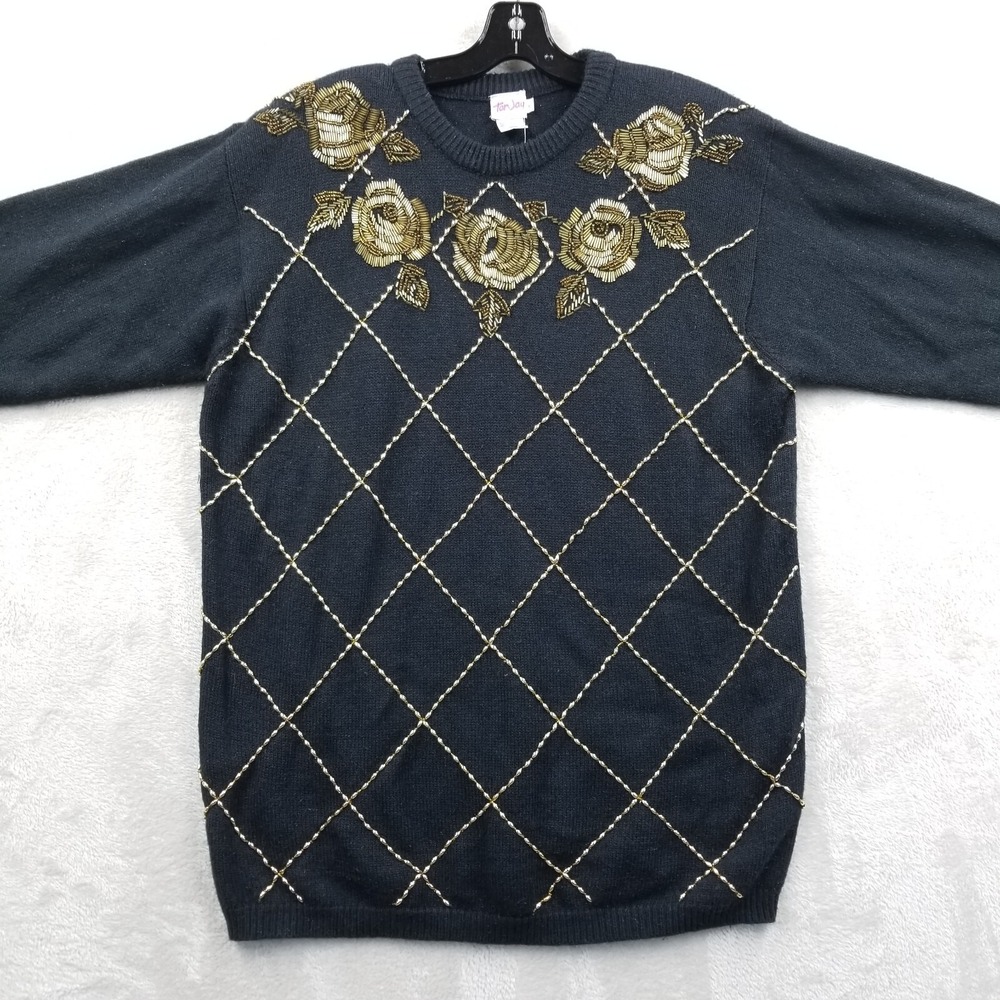 Vintage Tan Jay Tunic Women L Black Beaded Roses Argyle Y2K Oversized Sweater
